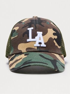 Fashion Nova Camo LA Logo Trucker Hat - Green, Brown, Tan